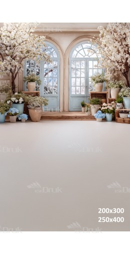 Tło fotograficzne „Wiosenne okna z kwitnącymi drzewami” | E611